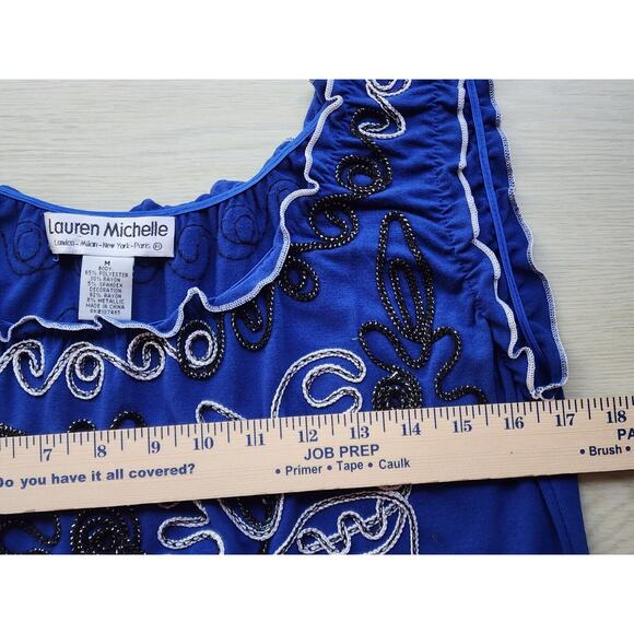 TOP-LAUREN MICHELLE-Royal Blue-Metallic Detail-Sleeveless-Ruffled-Size Medium - Picture 14 of 16